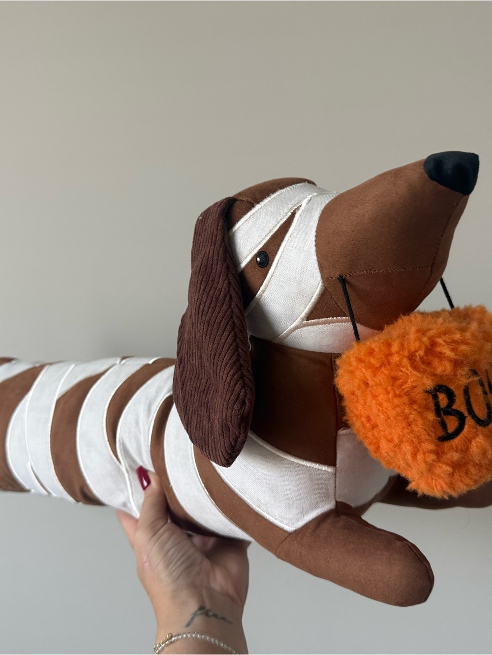 Striped Brown & White Dachshund Accent Pillow with Orange Pom